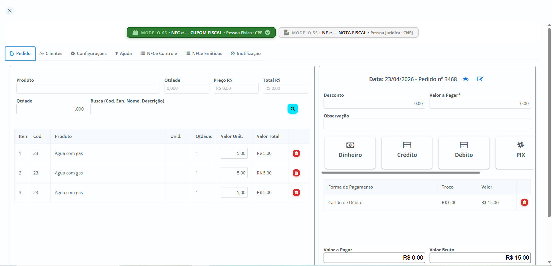Tela do emissor fiscal da One Soluções